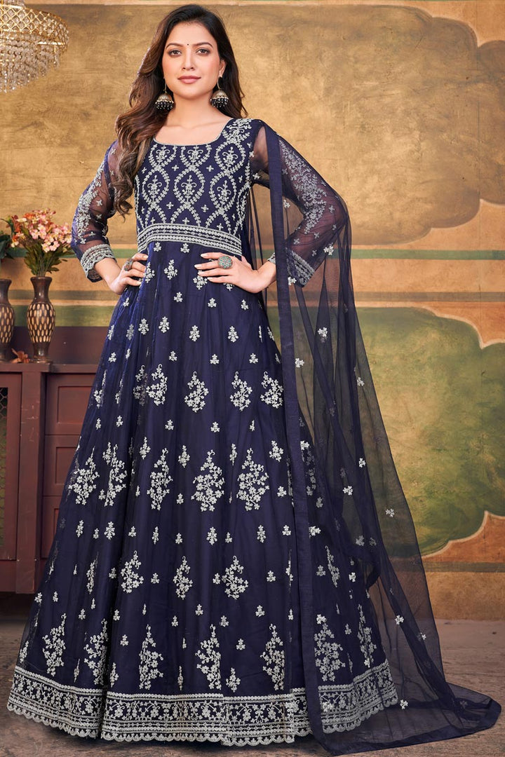 Engaging Navy Blue Color Net Fabric Function Look Anarkali Suit