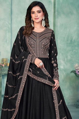 Black Color Wedding Wear Embroidered Long Anarkali Salwar Suit In Art Silk Fabric