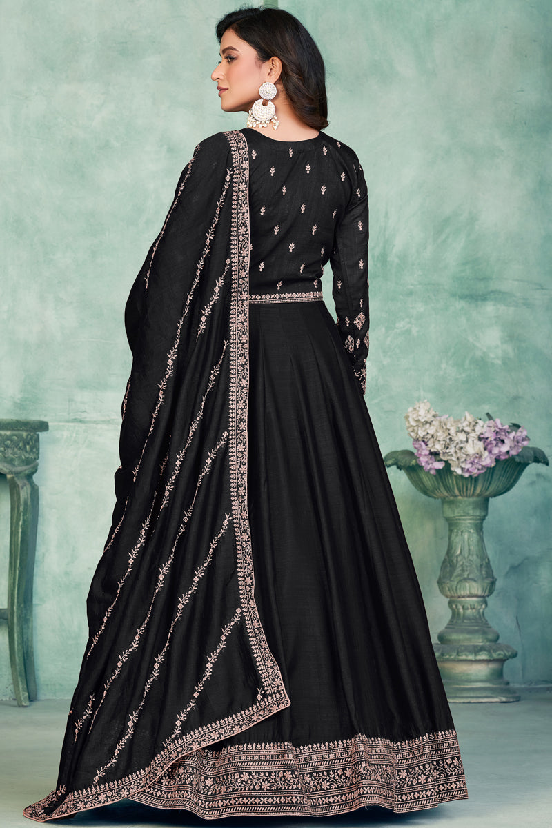 Black Color Wedding Wear Embroidered Long Anarkali Salwar Suit In Art Silk Fabric