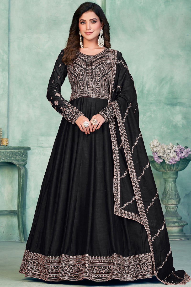 Black Color Wedding Wear Embroidered Long Anarkali Salwar Suit In Art Silk Fabric