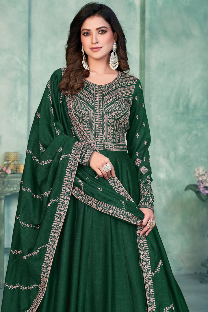 Reception Wear Embroidered Art Silk Fabric Long Anarkali Salwar Kameez In Green Color