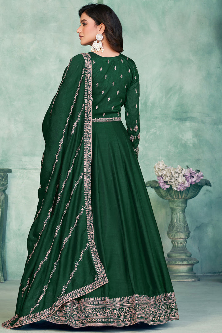 Reception Wear Embroidered Art Silk Fabric Long Anarkali Salwar Kameez In Green Color
