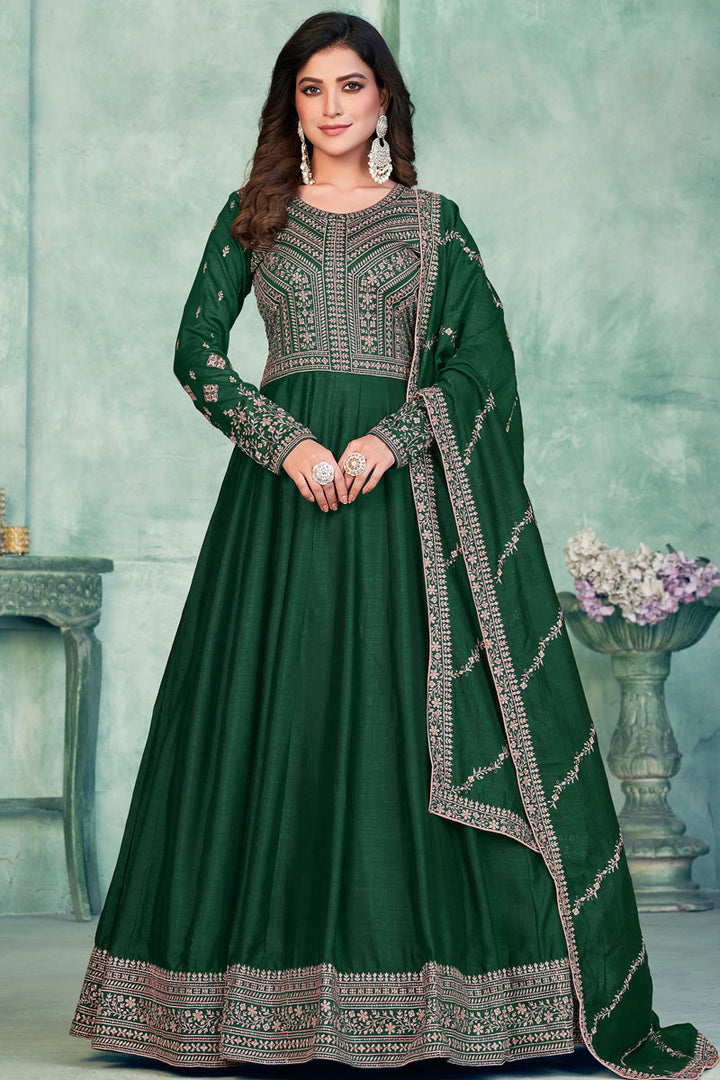 Reception Wear Embroidered Art Silk Fabric Long Anarkali Salwar Kameez In Green Color