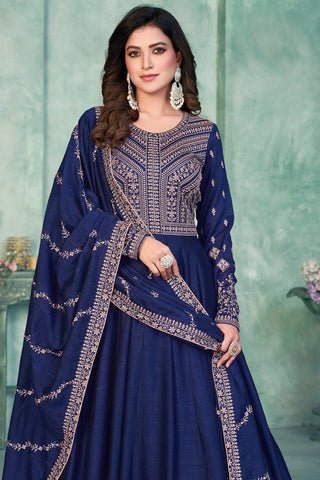 Art Silk Fabric Fancy Embroidered Function Wear Long Anarkali Salwar Suit In Navy Blue Color