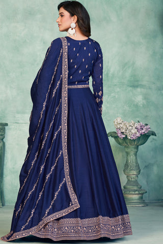 Art Silk Fabric Fancy Embroidered Function Wear Long Anarkali Salwar Suit In Navy Blue Color