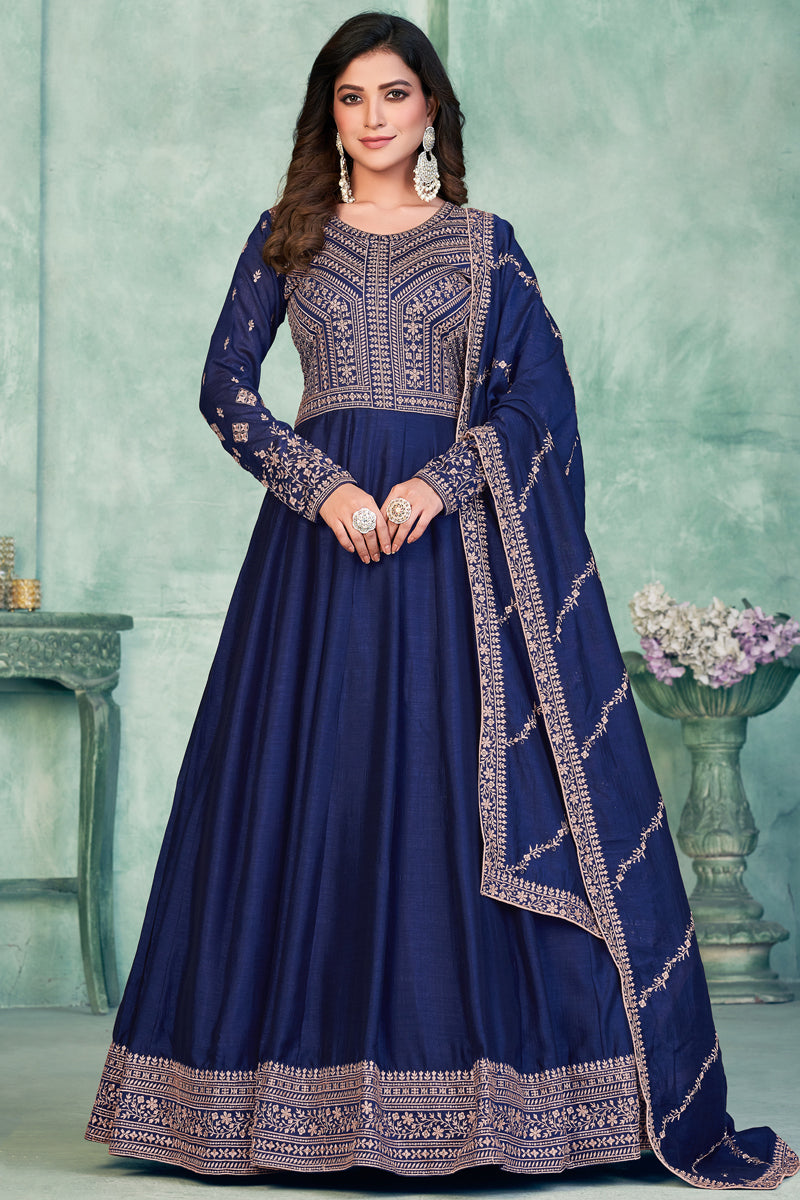 Art Silk Fabric Fancy Embroidered Function Wear Long Anarkali Salwar Suit In Navy Blue Color