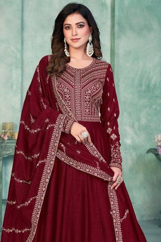 Maroon Color Festive Wear Embroidered Long Anarkali Salwar Kameez In Art Silk Fabric