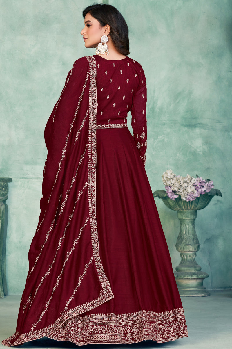 Maroon Color Festive Wear Embroidered Long Anarkali Salwar Kameez In Art Silk Fabric