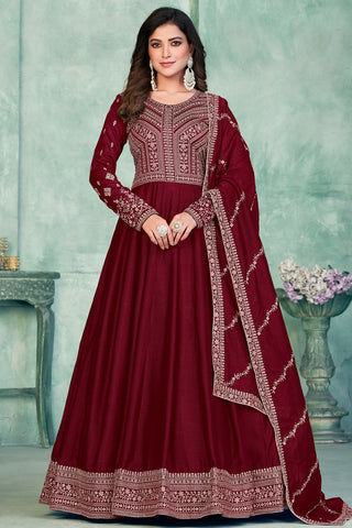 Maroon Color Festive Wear Embroidered Long Anarkali Salwar Kameez In Art Silk Fabric