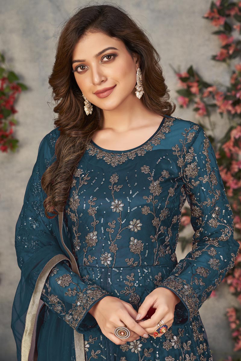 Net Fabric Function Wear Splendid Anarkali Suit In Teal Color