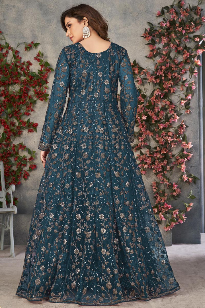Net Fabric Function Wear Splendid Anarkali Suit In Teal Color