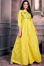 Load image into Gallery viewer, Festive Wear Designer Yellow Color Gown Style Kurti In Chanderi Fabric
