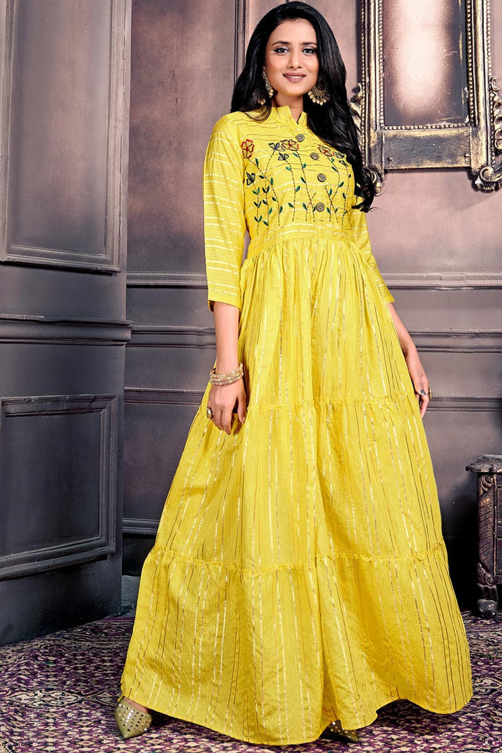 Festive Wear Designer Yellow Color Gown Style Kurti In Chanderi Fabric
