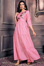 Load image into Gallery viewer, Festive Wear Designer Chanderi Fabric Gown Style Kurti In Pink Color
