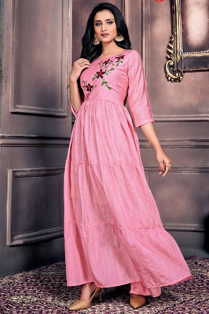 Festive Wear Designer Chanderi Fabric Gown Style Kurti In Pink Color