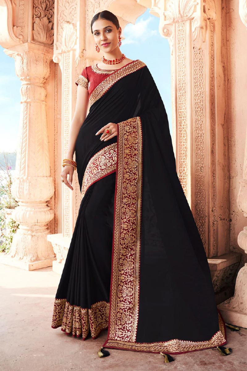 Festive Wear Black Color Fancy Art Silk Fabric Border Work Saree