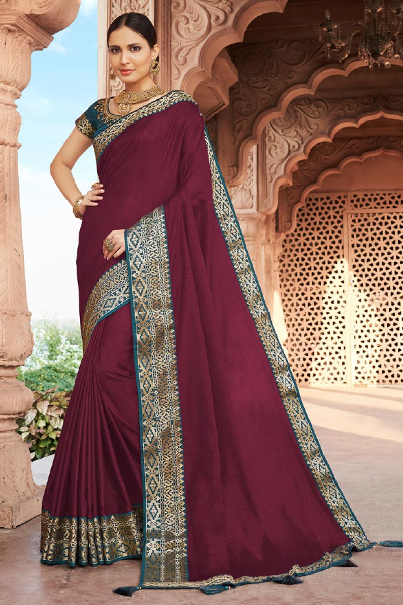 Art Silk Fabric Fancy Sangeet Wear Wine Color Border Work Saree