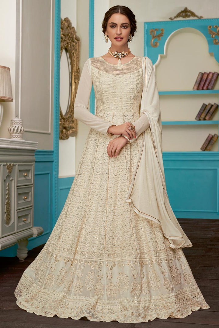 Fancy Georgette Fabric Function Wear Embroidered Off White Anarkali Suit