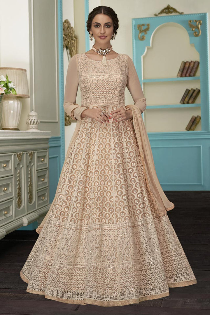 Fancy Georgette Fabric Function Wear Chikoo Color Embroidered Anarkali Suit