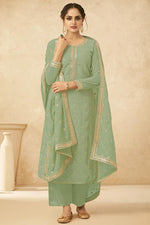Load image into Gallery viewer, Party Wear Georgette Fabric Sea Green Color Stylish Embroidered Palazzo Dress
