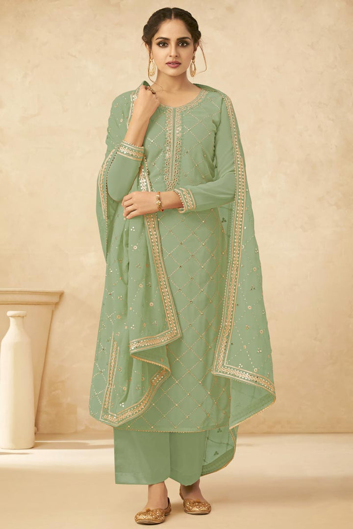 Party Wear Georgette Fabric Sea Green Color Stylish Embroidered Palazzo Dress