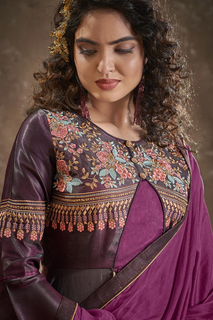 Art Silk Fabric Function Wear Designer Embroidered Readymade Gown In Wine Color