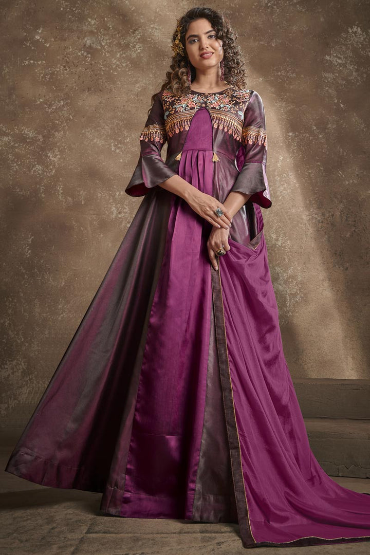 Art Silk Fabric Function Wear Designer Embroidered Readymade Gown In Wine Color