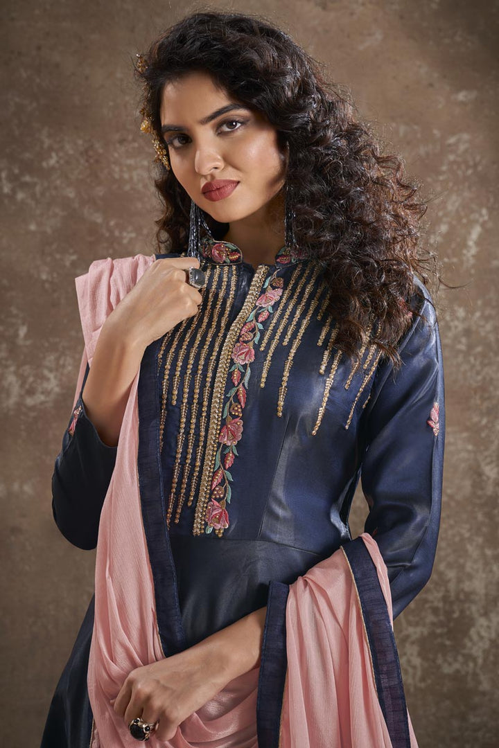Navy Blue Color Art Silk Fabric Fancy Embroidered Function Wear Readymade Gown