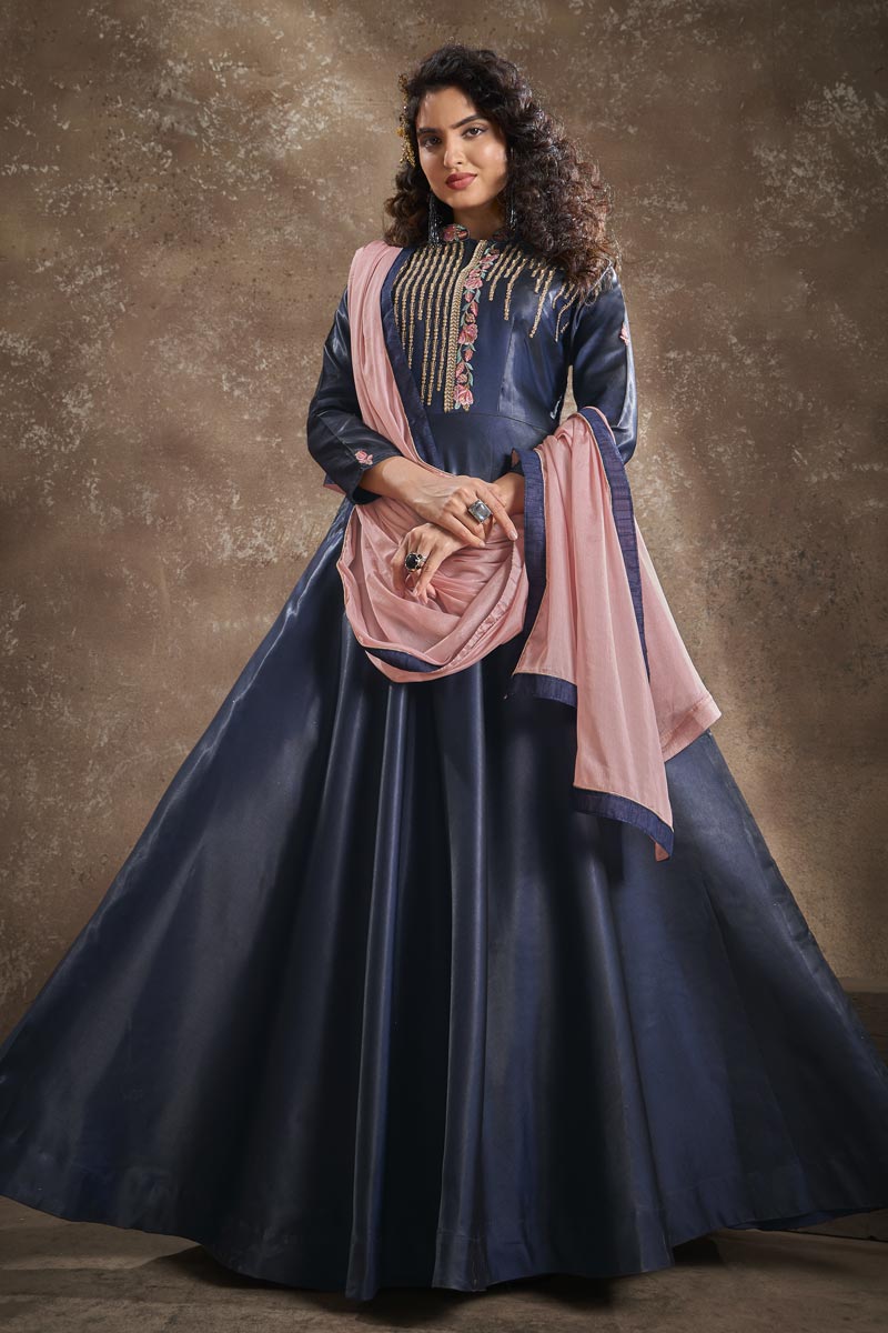 Navy Blue Color Art Silk Fabric Fancy Embroidered Function Wear Readymade Gown