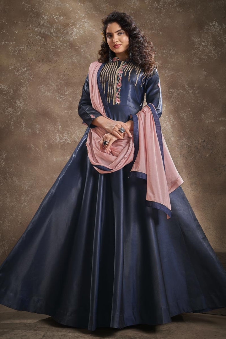 Navy Blue Color Art Silk Fabric Fancy Embroidered Function Wear Readymade Gown