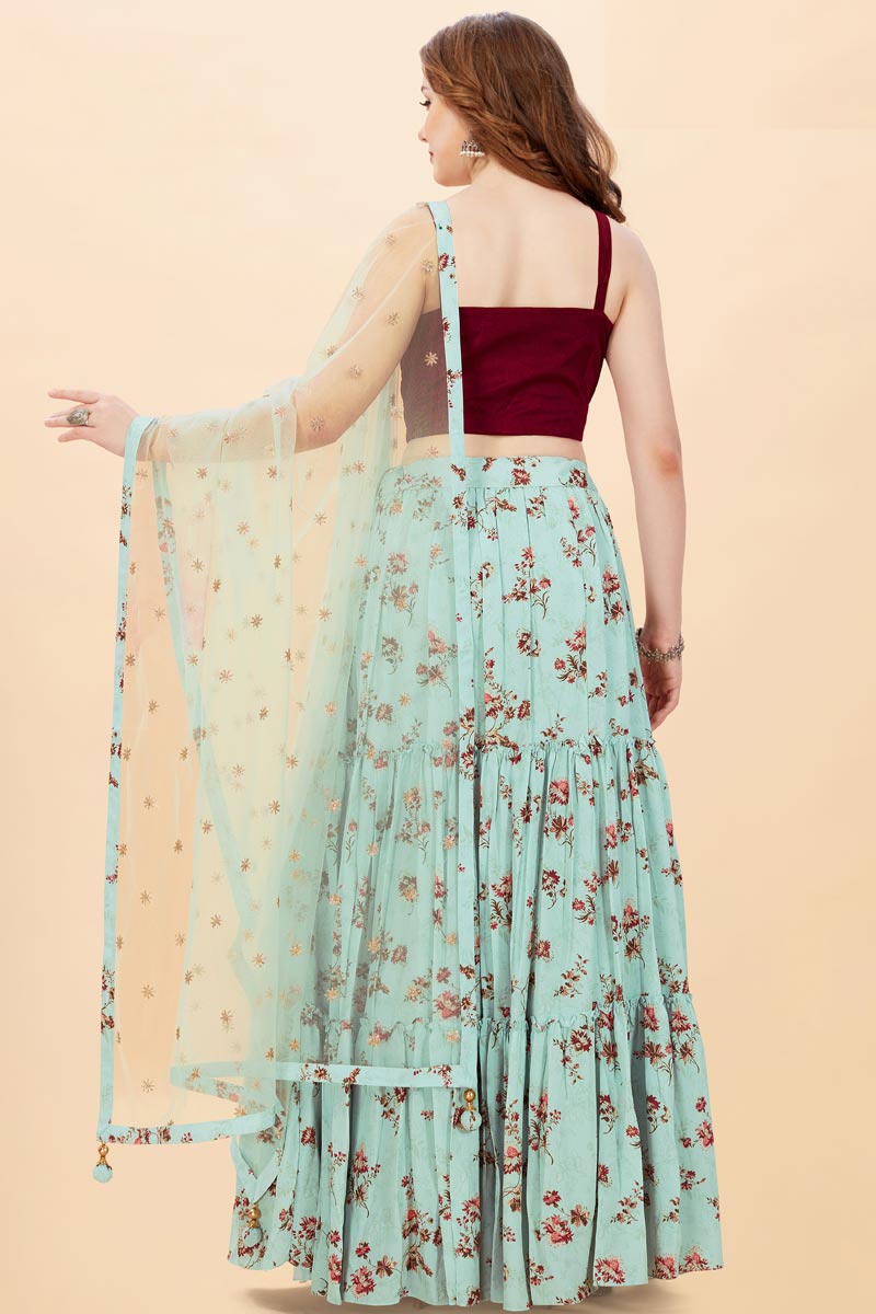 Beguiling Digital Printed Work On Light Cyan Color Satin Fabric Lehenga