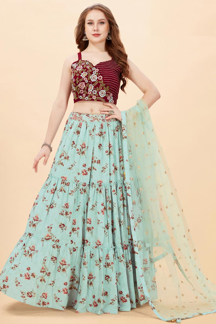 Beguiling Digital Printed Work On Light Cyan Color Satin Fabric Lehenga