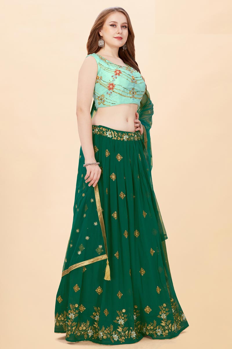 Incredible Embroidered Work On Georgette Fabric Green Color Lehenga