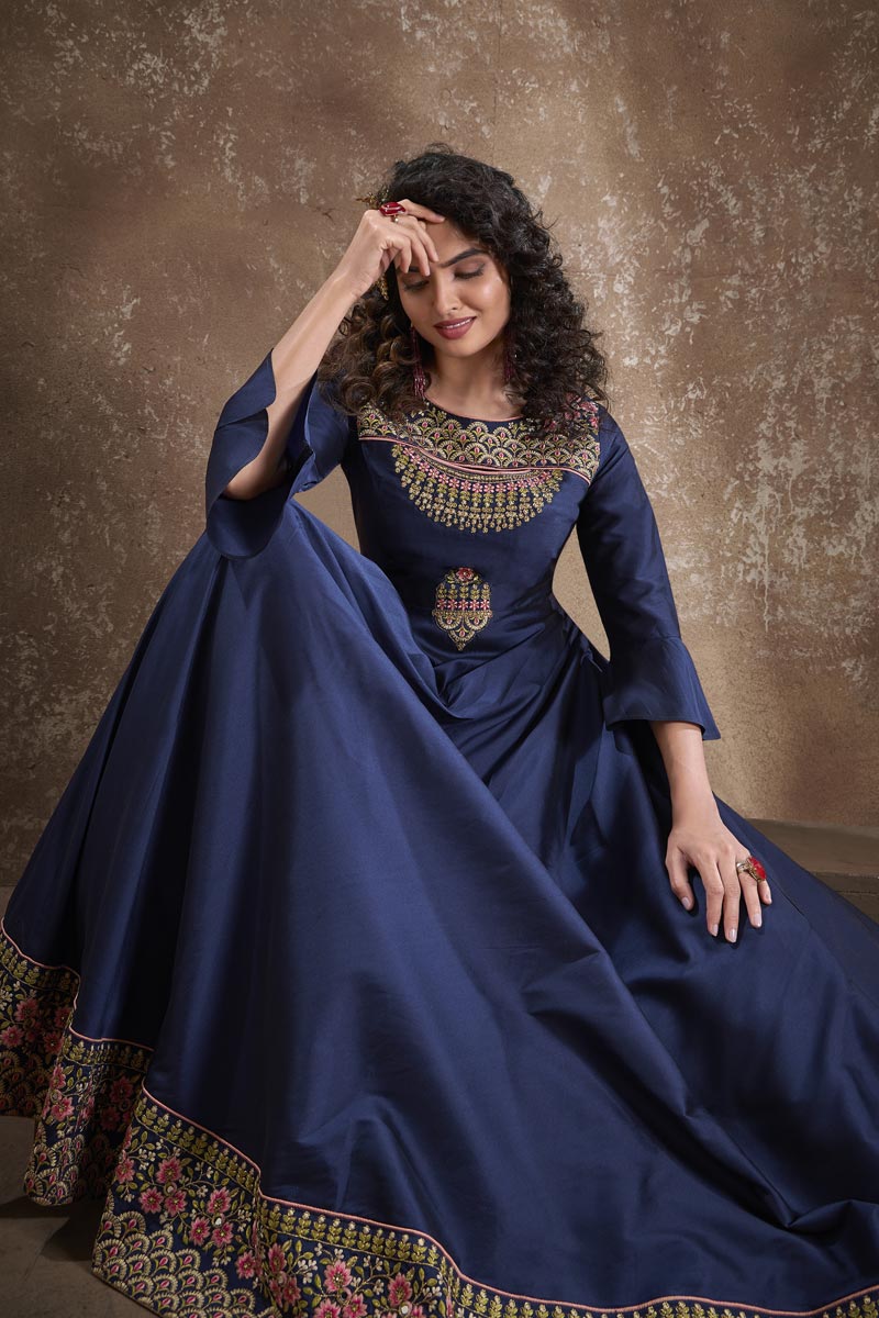 Art Silk Fabric Party Style Designer Embroidered Readymade Gown In Navy Blue Color