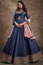 Load image into Gallery viewer, Art Silk Fabric Party Style Designer Embroidered Readymade Gown In Navy Blue Color
