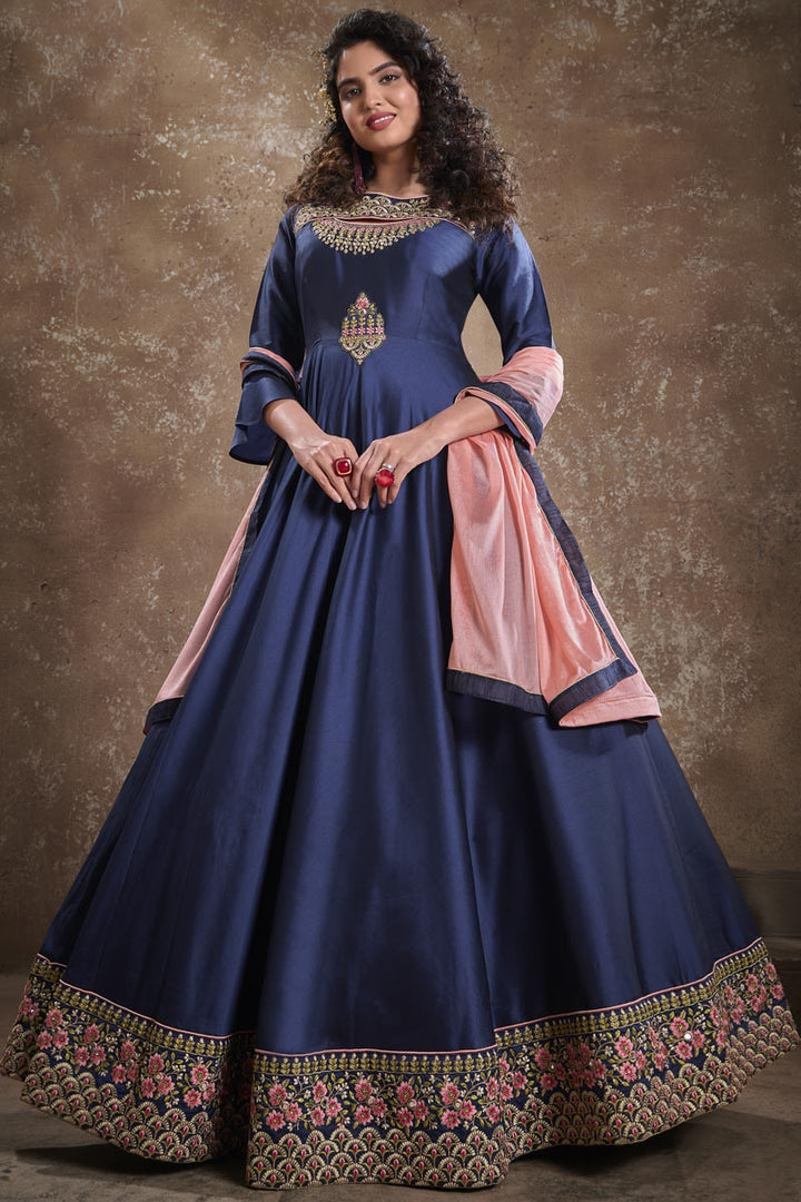Art Silk Fabric Party Style Designer Embroidered Readymade Gown In Navy Blue Color