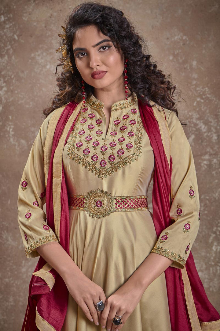 Beige Color Art Silk Fabric Fancy Embroidered Function Wear Readymade Gown