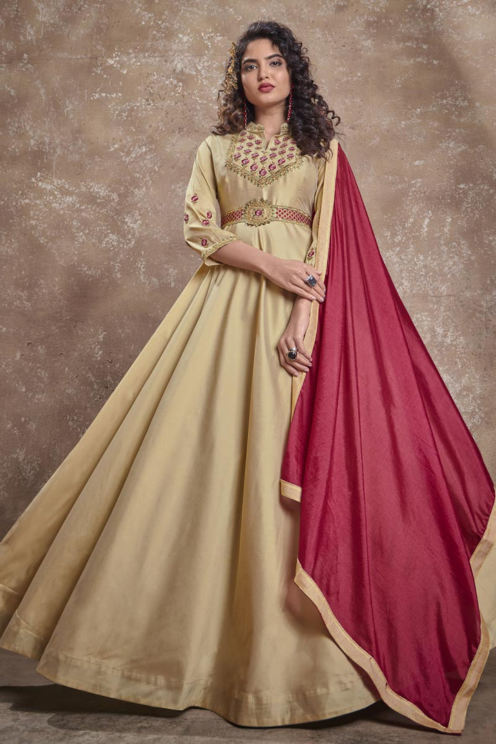Beige Color Art Silk Fabric Fancy Embroidered Function Wear Readymade Gown