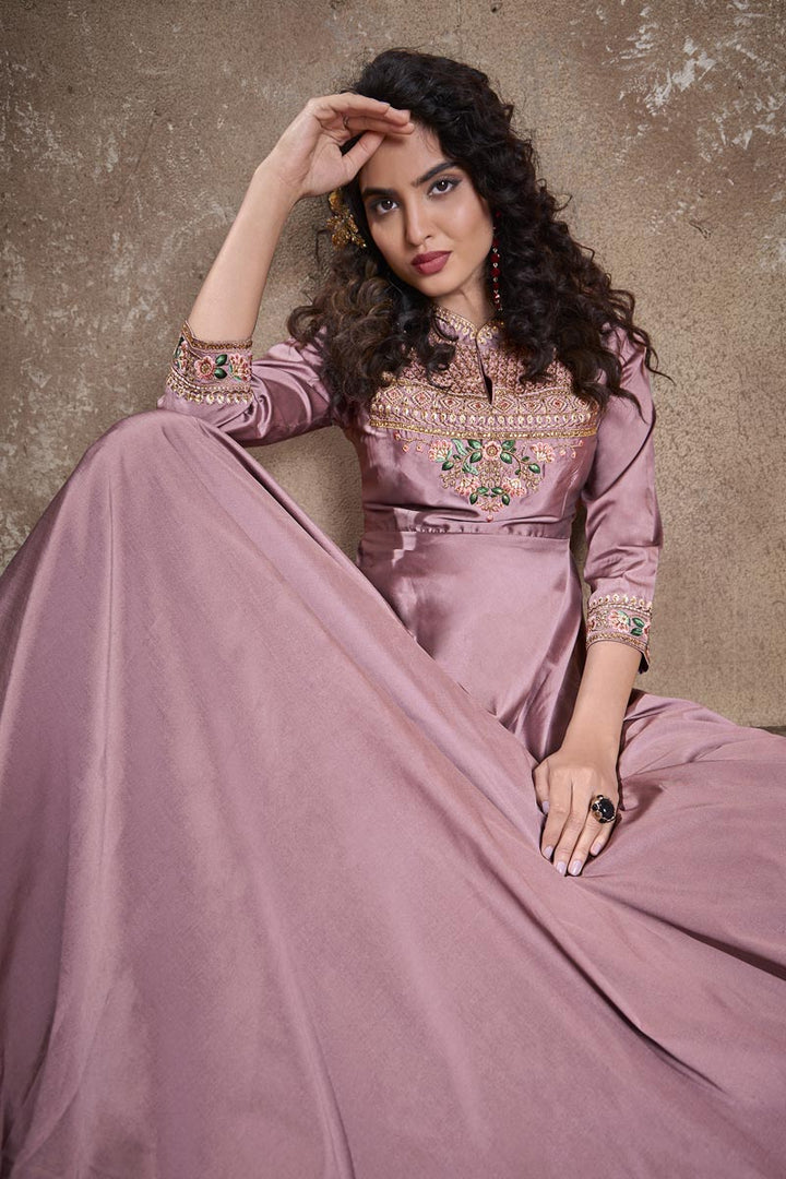 Designer Party Style Art Silk Fabric Pink Color Embroidered Readymade Gown