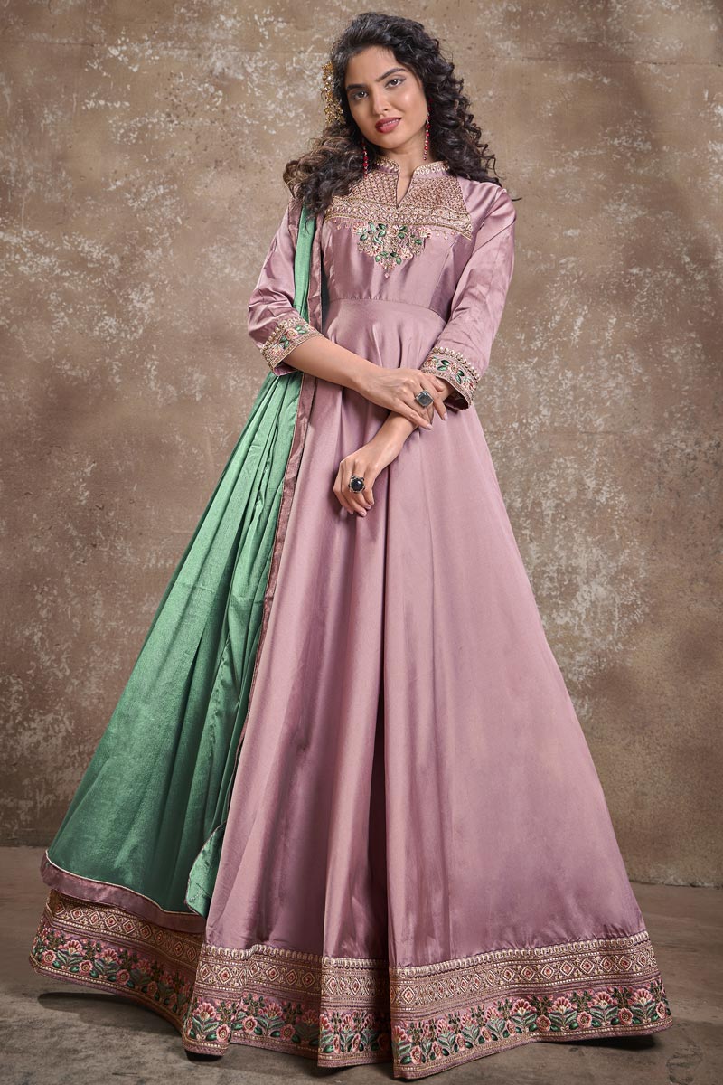 Designer Party Style Art Silk Fabric Pink Color Embroidered Readymade Gown
