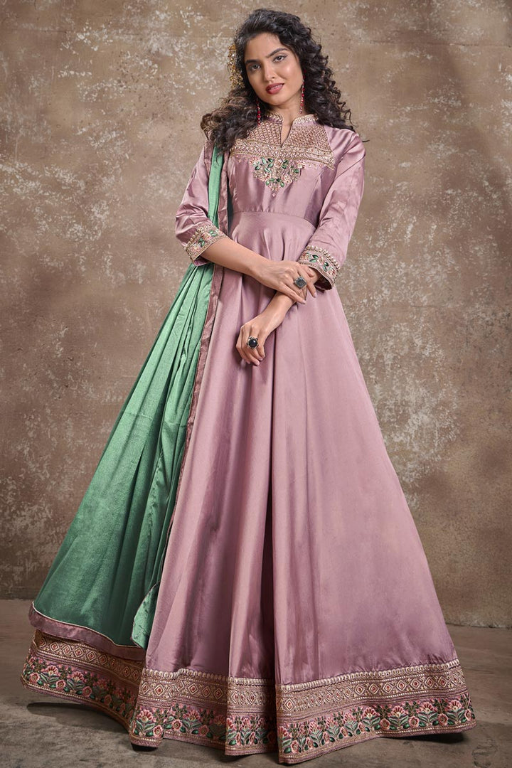 Designer Party Style Art Silk Fabric Pink Color Embroidered Readymade Gown