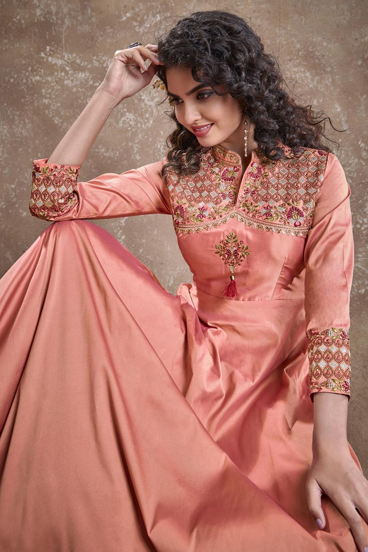 Party Style Peach Color Designer Embroidered Readymade Gown In Art Silk Fabric