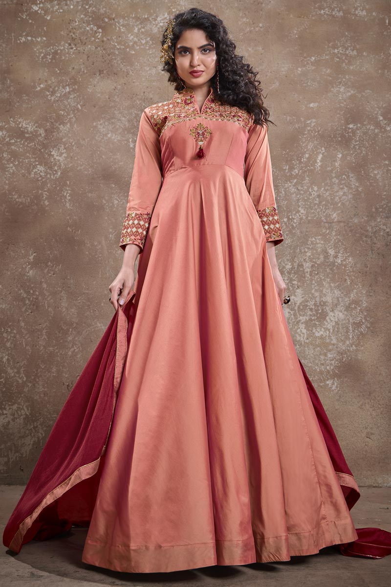 Party Style Peach Color Designer Embroidered Readymade Gown In Art Silk Fabric