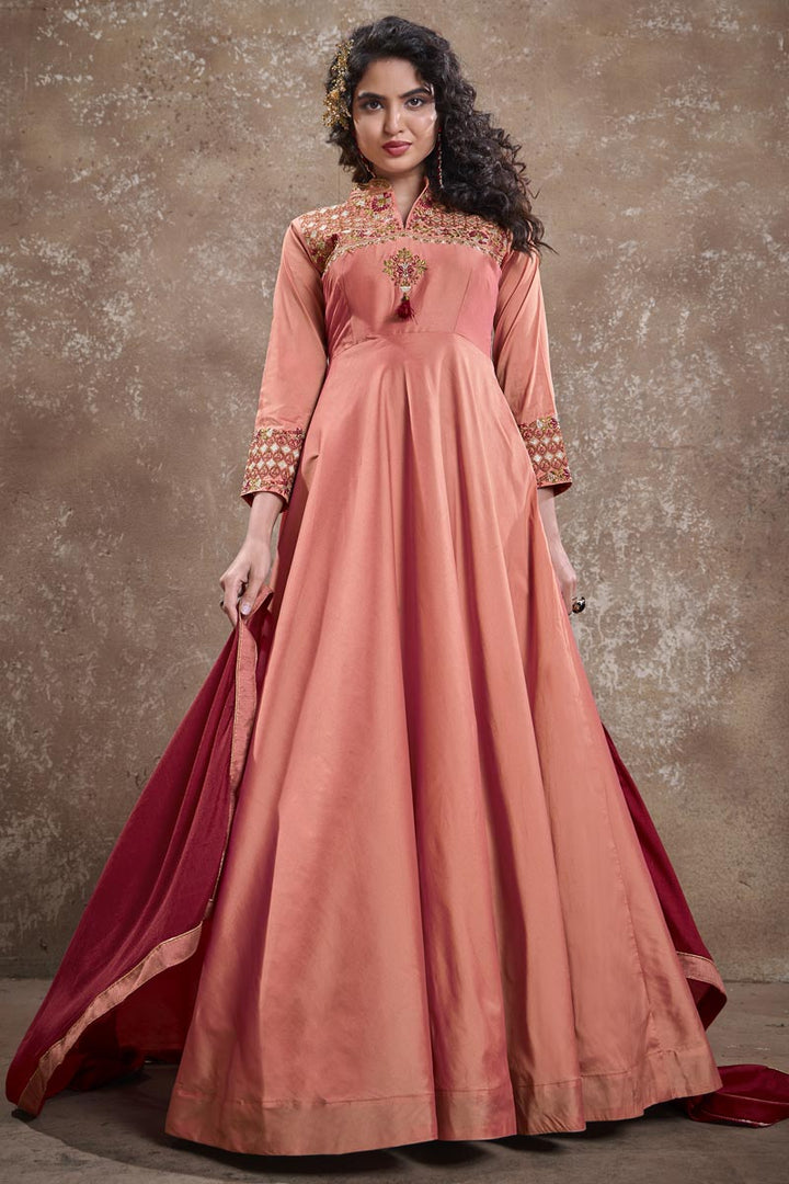 Party Style Peach Color Designer Embroidered Readymade Gown In Art Silk Fabric