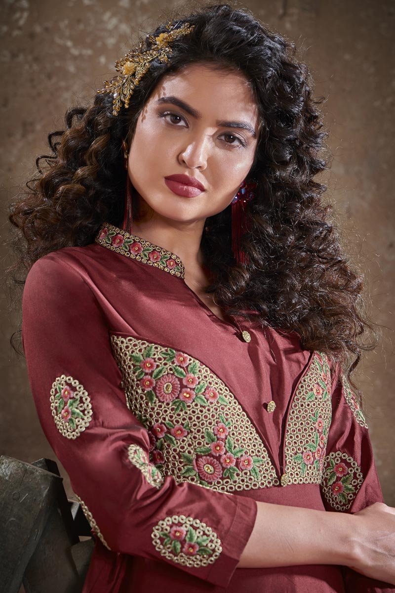 Designer Maroon Color Party Style Embroidered Art Silk Fabric Readymade Gown