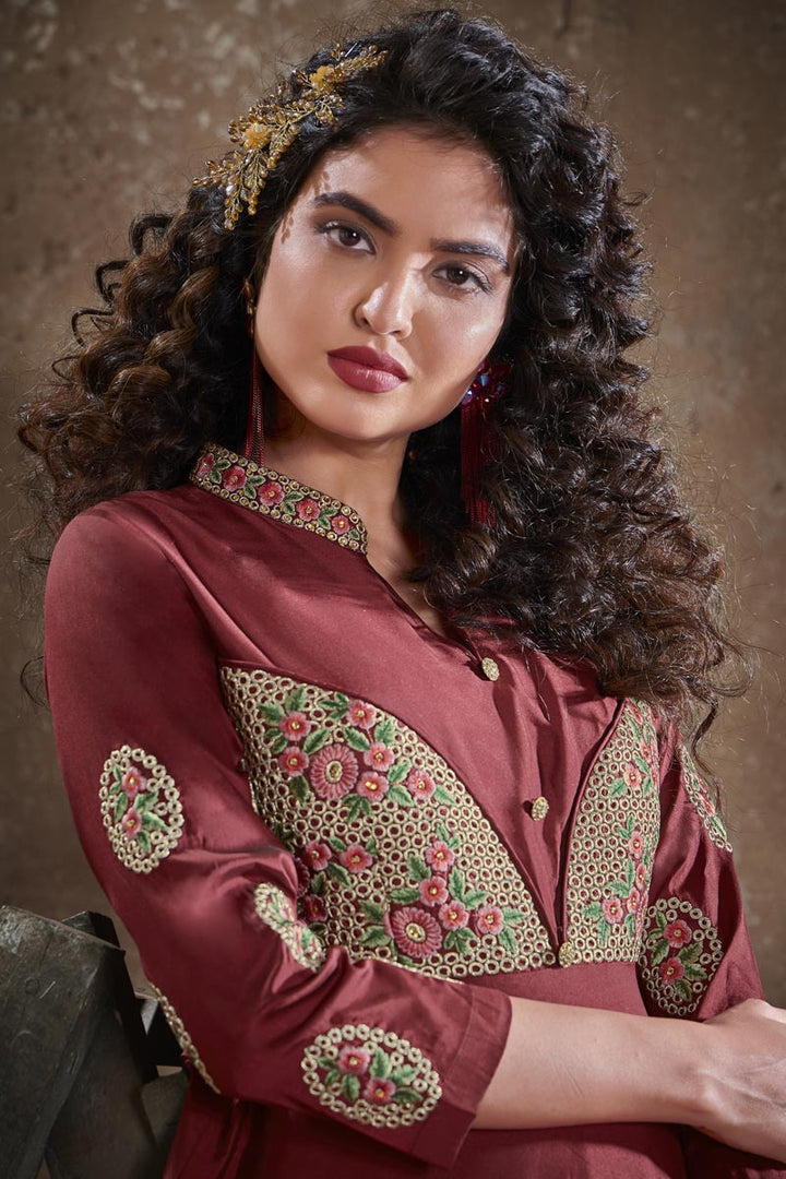 Designer Maroon Color Party Style Embroidered Art Silk Fabric Readymade Gown