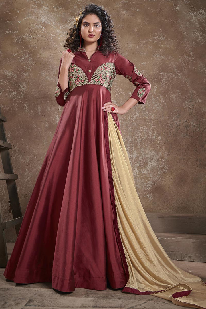 Designer Maroon Color Party Style Embroidered Art Silk Fabric Readymade Gown