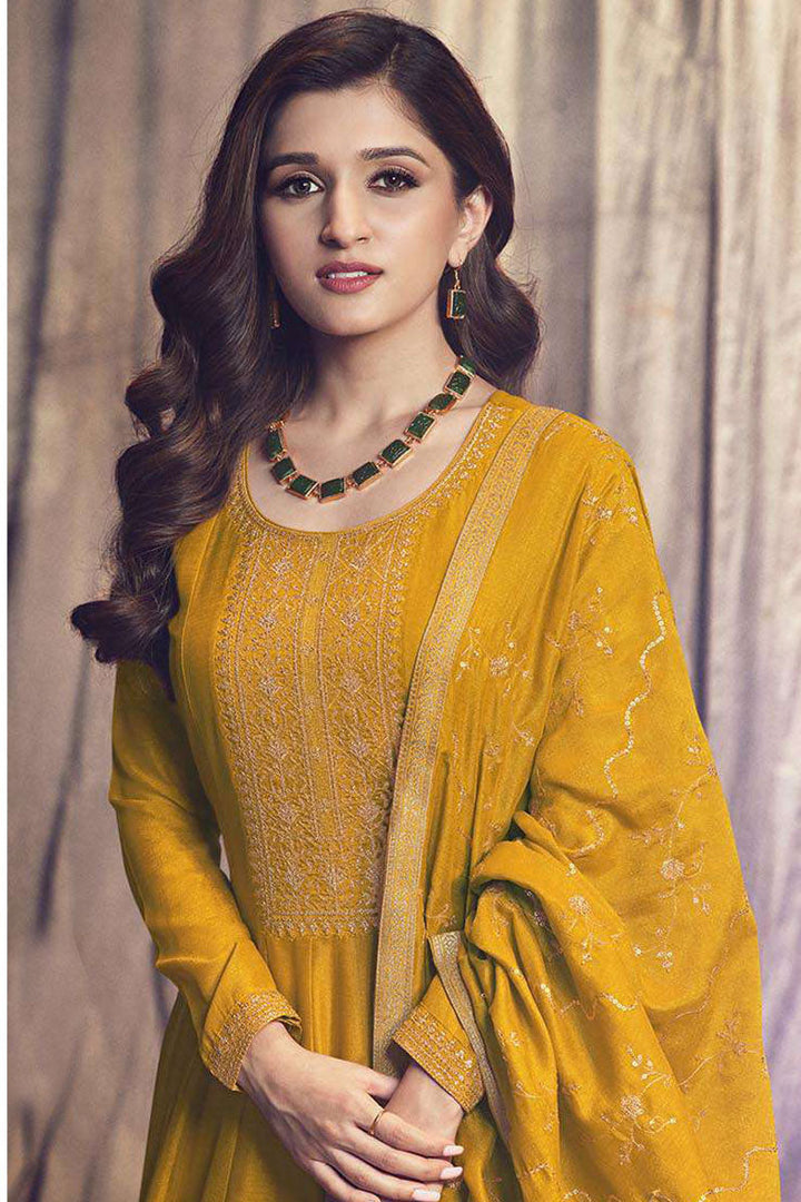 Nidhi Shah Excellent Art Silk Fabric Mustard Color Party Look Anarkali Suit