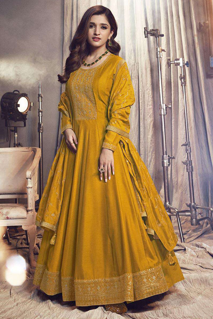 Nidhi Shah Excellent Art Silk Fabric Mustard Color Party Look Anarkali Suit