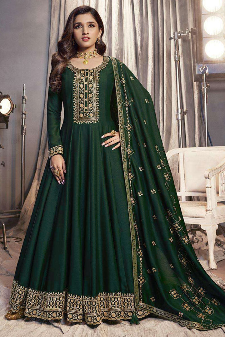 Nidhi Shah Dark Green Color Art Silk Fabric Elegant Party Look Anarkali Suit